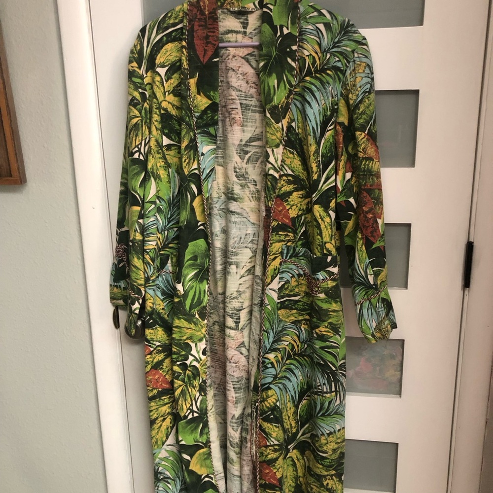 Bombay Dye Tropical Leaf Print Long Duster Coat - Green Botanical Barkcloth